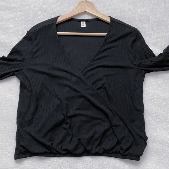 BP Black Ribbed Flared Parted Sleeve Surplice Top - Picture 8 of 12